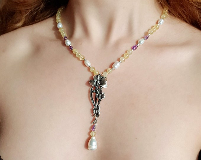 Citrine and Pearl Necklace 925 Sterling Silver, Flower Bouquet Necklace, Birthstone Boho Necklace, Woodland Necklace, Gift for Her