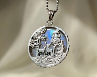 Aurora Borealis Moonstone Forest Pendant Sterling Silver, Deer Nature Tree Necklace, Handmade Jewelry, Gift for Her, Birthday Gift Daughter