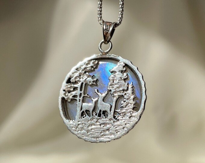 Cute Necklace Moonstone Forest Pendant 925 Sterling Silver
