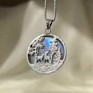 Handmade_cute_necklace_deer_tree_forest_silver_necklace_circle_custom_blue