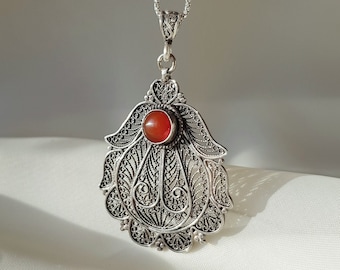 Carnelian Crystal Filigree Pendant 925 Sterling Silver