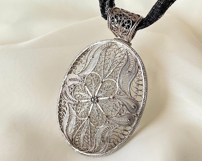 Victorian Floral Filigree Necklace Sterling Silver, Artisan Crafted Necklace, Boho Necklace for Women, Vintage Necklace, Gift for Her