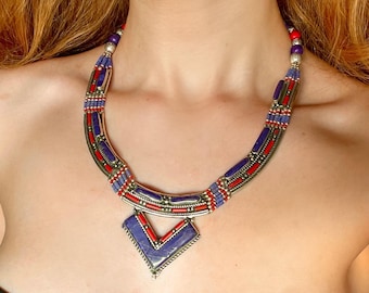 Chunky Lapis Lazuli Inlay Ethnic Necklace