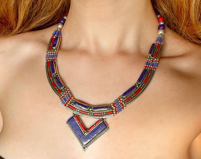 Chunky Lapis Lazuli Inlay Ethnic Necklace