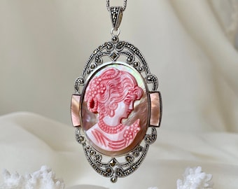 Large Shell Cameo Necklace Pendant 925 Sterling Silver