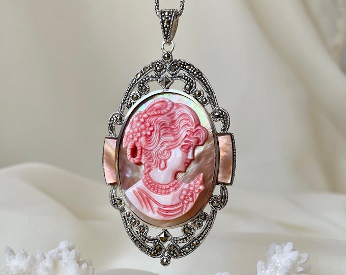 Large Shell Cameo Necklace Pendant 925 Sterling Silver