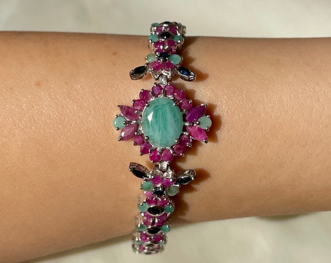Vintage Emerald Ruby Bracelet 925 Sterling Silver