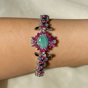 Vintage Emerald Ruby Bracelet 925 Sterling Silver, Mothers Day Gift for Her, Bridal Emerald Link Tennis Bracelet, May Birthstone Bracelet