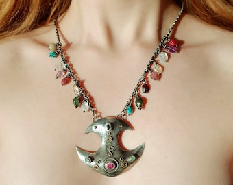 Talisman Amulet Necklace 925 Sterling Silver, Boho Multistone Neckalce, Oxidized Necklace Handmade, Spiral Necklace, Gift for Her