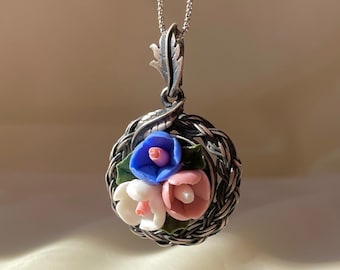 Polymer Clay Flowers Pendant Necklace 925 Sterling Silver