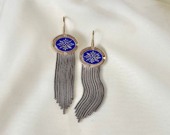 Long Tassel Enamel Earrings Sterling Silver, Blue Enamel Floral Vintage Earrings, Floral Paisley Embossed Victorian Earrings, Gift for Her