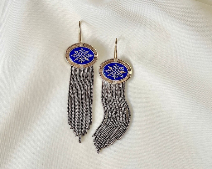 Long Tassel Enamel Earrings Sterling Silver, Blue Enamel Floral Vintage Earrings, Floral Paisley Embossed Victorian Earrings, Gift for Her