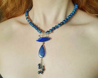 Lapis Lazuli Bead Toggle Necklace 925 Sterling Silver