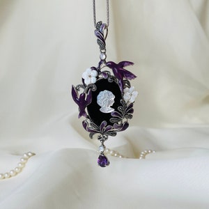 Purple Birds Cameo Pendant Necklace 925 Sterling Silver, Large Handmade Cameo Gothic Jewelry, Floral Cameo, Mothers Day Gift for Her