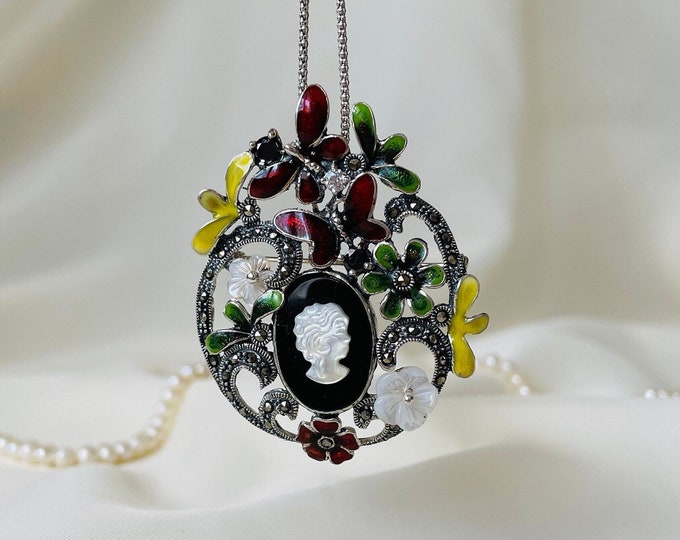 Large Gothic Cameo Brooch Necklace Sterling Silver, Victorian Cameo Necklace for Women, Handmade Unique Jewelry, Mothers Day Gift for Her
