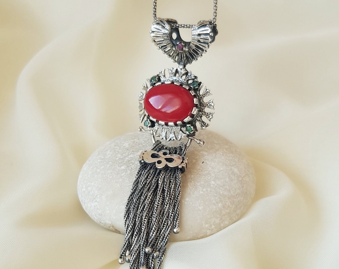 Red Coral Pendant With Foxtail Tassel 925 Sterling Silver
