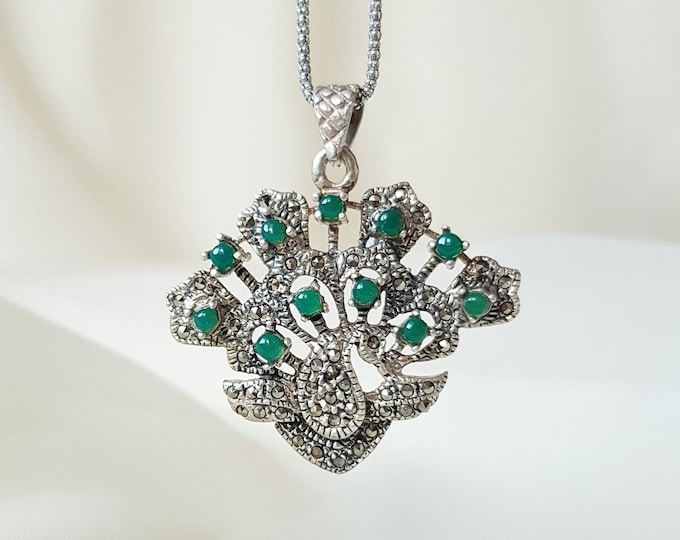 Marcasite Peacock Pendant with Green Agate 925 Sterling Silver