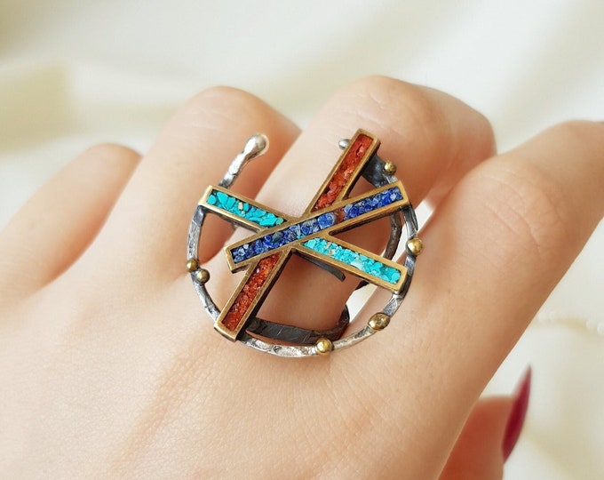 Turquoise Coral Lapis Chip Inlay Ring 925 Sterling Silver
