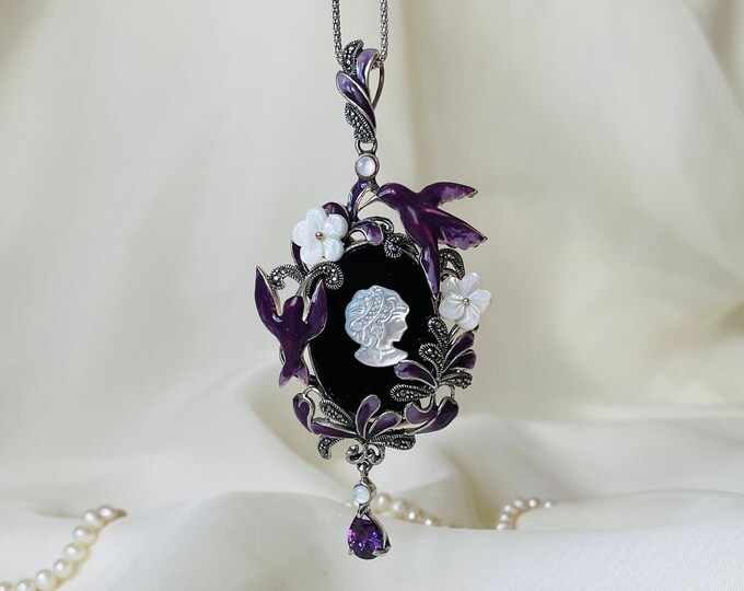 Purple Birds Cameo Pendant Necklace 925 Sterling Silver