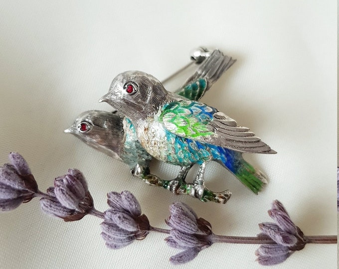 Antique Enamel Bird Brooch 800 Silver, Swallow Hummingbird Brooch Pin, Couple Birds Brooch, Green Blue Bird Brooch, Gift For Bird Lover