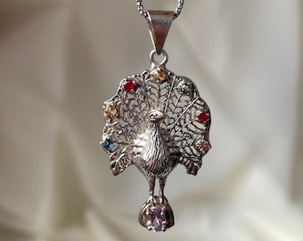 Delicado colgante de pavo real en plata de ley 925, joyería hecha a mano, collar con colgante de pavo real, joyería de pavo real, regalo para ella