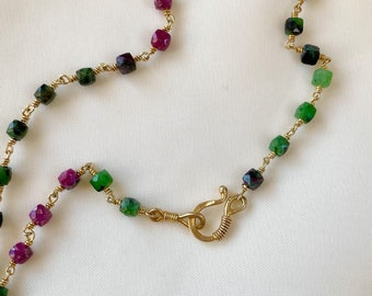 Ruby Zoisite Gold Necklace, Ruby in Zoisite Beaded Choker Necklace, Layering Necklace, Boho Minimalist Necklace, Mothers Day Gift for Her