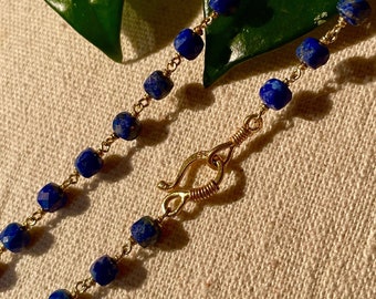 Lapis Lazuli Beaded Gemstone Choker Necklace 18k Gold, Adjustable Layering Necklace, Blue Boho Minimalist Necklace, Mothers Day Gift for Her