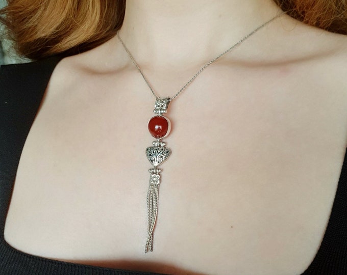 Carnelian Tassel Pendant 925 Sterling Silver