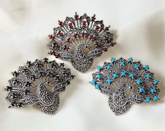 Turquoise Peacock Pendant Brooch Sterling Silver, Turquoise Marcasite Necklace, Turquoise Jewelry, Animal Necklace, Mothers Day Gift for Her