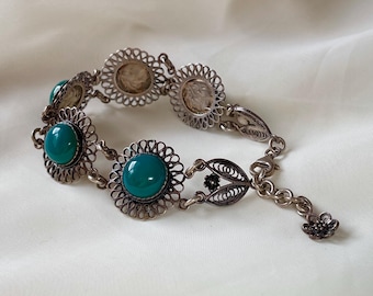 Green Onyx Flower Filigree Bracelet Sterling Silver