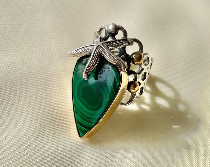 Malachite Ring With Starfish 925 Sterling Silver