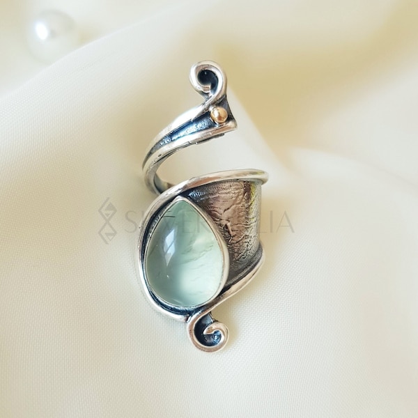 Green Prehnite Wrap Ring 925 Sterling Silver, Adjustable Ring, Celestial Gemstone Ring, Handmade Artisan Statement Ring, Gift for Her