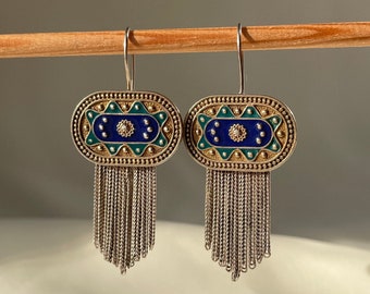 Vintage Enamel Tassel Earrings 925 Sterling Silver