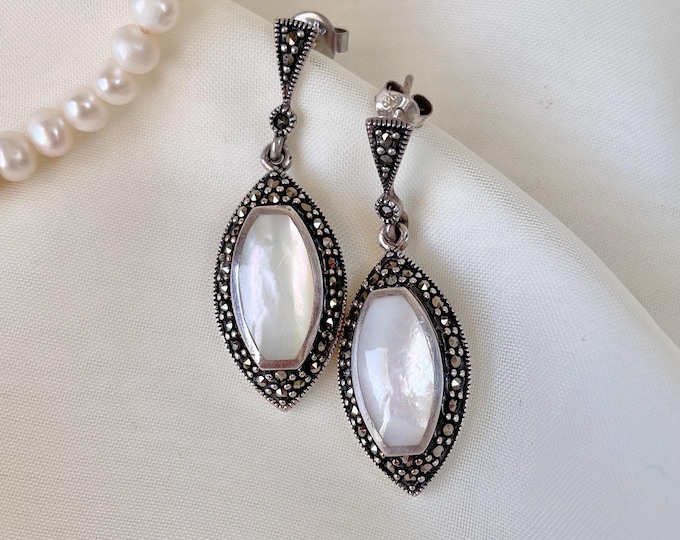 Art Deco Mother of Pearl Earrings 925 Sterling Silver