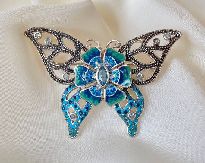 Blue Butterfly Pendant Brooch 925 Sterling Silver