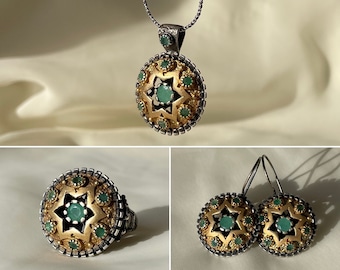 Vintage Emerald Necklace Set 14K Gold Plated 925 Sterling Silver