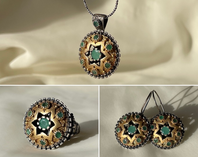 Vintage Emerald Necklace Set 14K Gold Plated 925 Sterling Silver