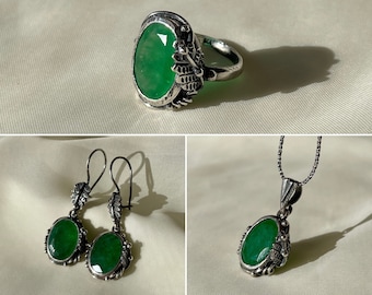 Conjunto de collar de anillo esmeralda de plata de ley 925, collar de piedra de nacimiento de mayo, conjunto de joyas de pendientes colgantes de esmeralda cruda, regalo para ella, regalo para mamá