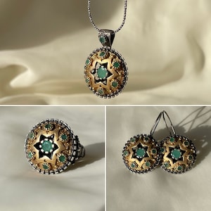 Vintage Emerald Necklace Set 14K Gold Plated Sterling Silver, Emerald Ring Round Star Earrings Jewelry Set, Mothers Day Gift for Her