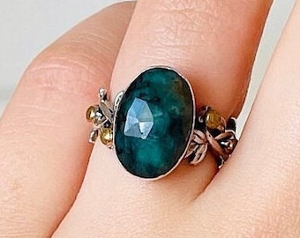 Dark Green Zoisite Vine Ring 925 Sterling Silver