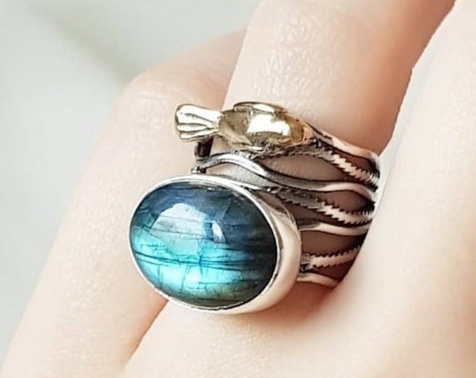 Blue Labradorite Ring With Bird 925 Sterling Silver