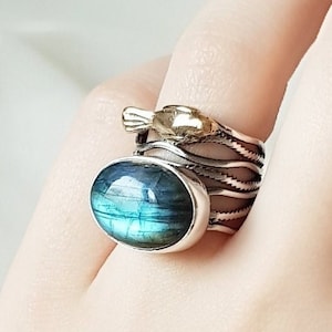 Bird Labradorite Ring Sterling Silver, Dainty Bird Gemstone Band Ring, Blue Stone Ring, Handmade Unique Boho Ring for Women, Gift for Her