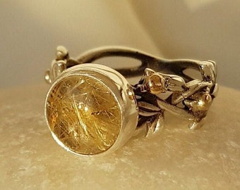Golden Rutilated Quartz Vine Ring 925 Sterling Silver