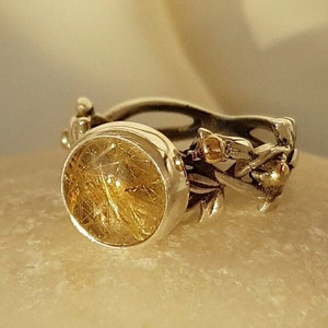Golden Rutilated Quartz Ring Sterling Silver, Minimalist Vine Nature Ring, Handmade Boho Ring for Women, Mothers Day Gift for Her