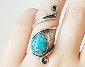 Copper Turquoise Wrap Ring 925 Sterling Silver