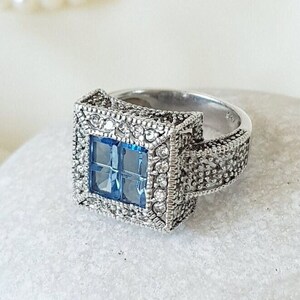 Genuine Ice Blue Topaz Ring Sterling Silver, December Birthstone Ring, Unique Square Topaz Cocktail Ring Vintage, Valentines Gift for Her