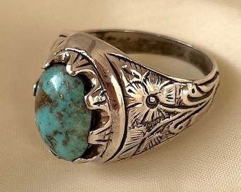 Hippie Turquoise Ring Sterling Silver, Mens Gemstone Ring, Floral Pattern Engrave Statement Ring, Western Turquoise Ring, Hippie Jewelry