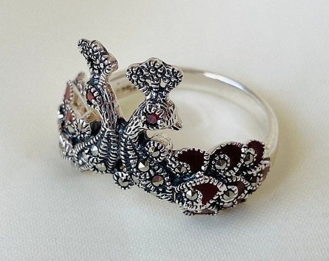 Twin Peacock Ring, Sterling Silver Band Ring, Dark Red Enamel Ring, Peacock Jewelry, Bird Feather Ring, Animal Ring, Gift for Her
