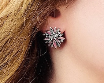 Vintage Pink Chrysanthemum Flower Stud Earrings 925 Sterling Silver