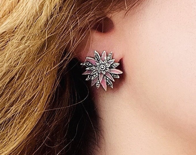 Vintage Pink Chrysanthemum Flower Stud Earrings 925 Sterling Silver